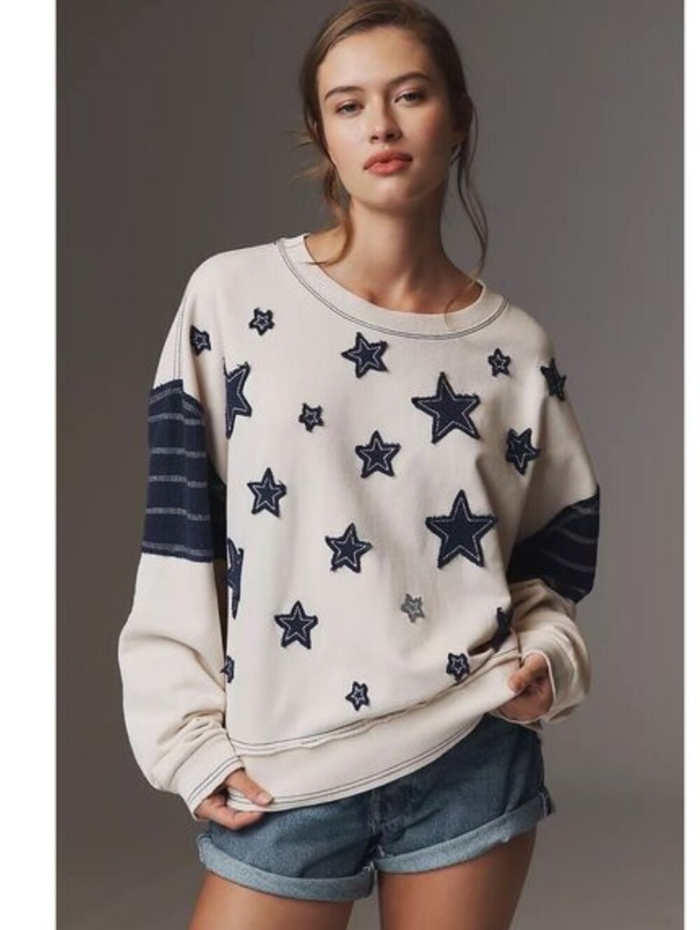 Pilcro Anthropologie Star Appliqué Sweatshirt XL Petite Ivory Navy NWT